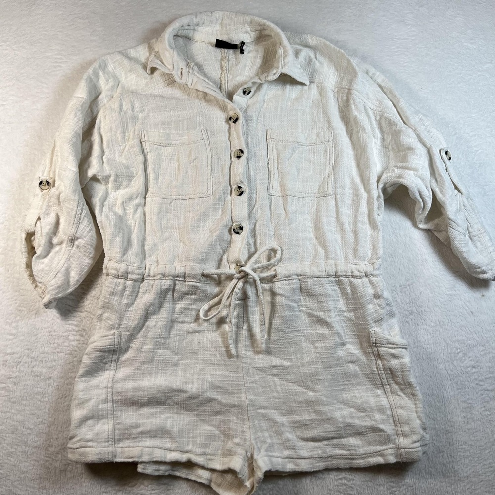 Out From Under Romper‎ Womens Small White Gauze Button Front Drawstring Casual